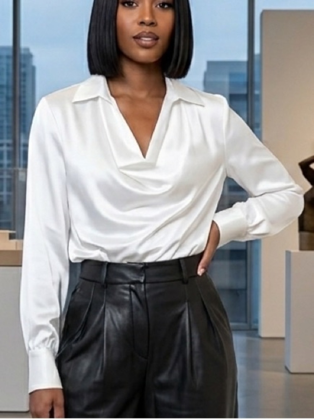 Commense Satin Cowl Neck Collared Button Cuffs Ivory Blouse M